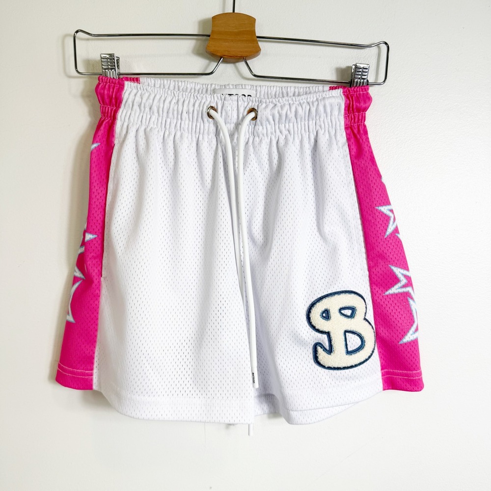 BKTSQD Bucket Squad Basketball Shorts Mens XS White Pink Star Mesh Athletic